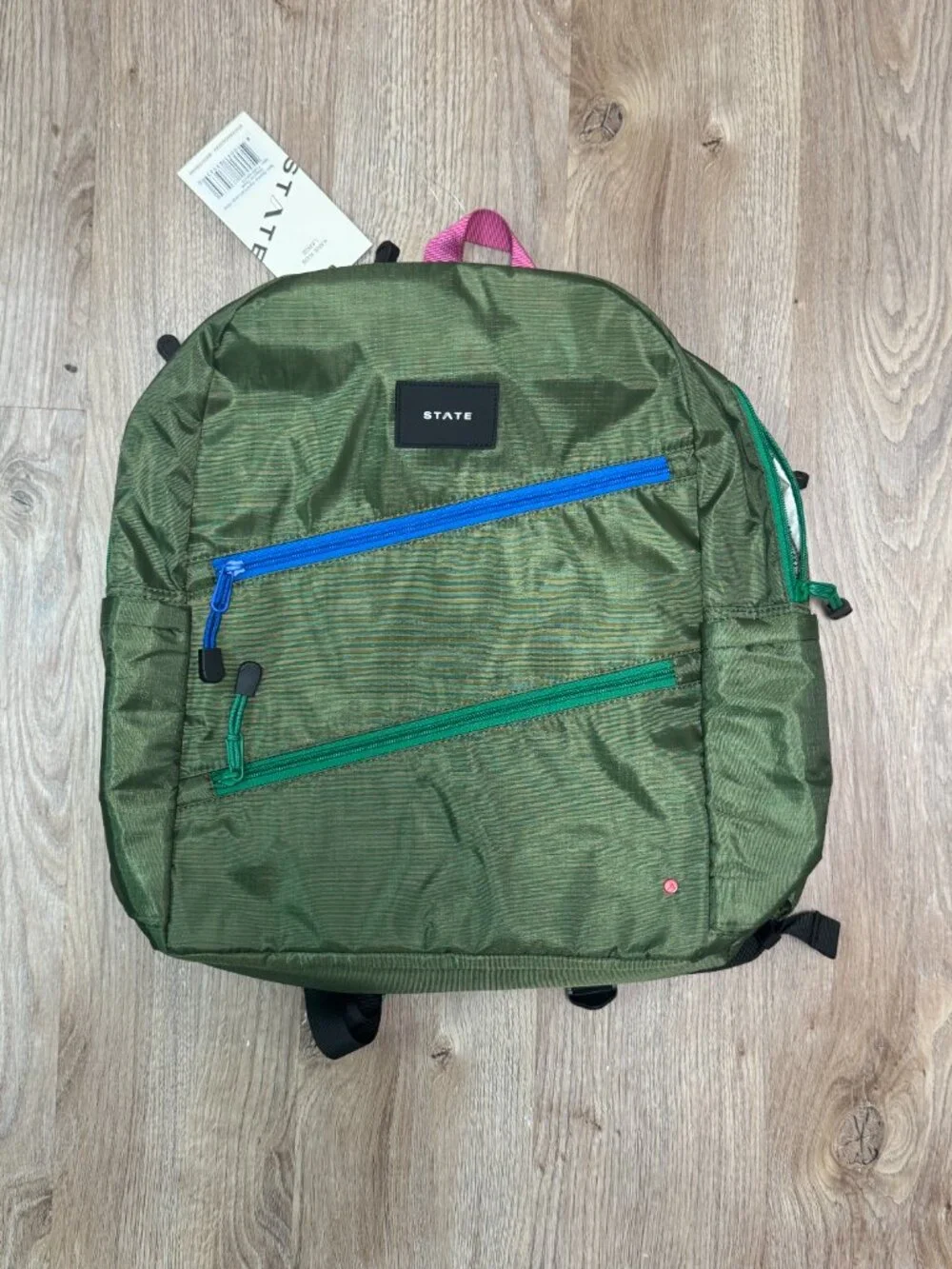 STATE Ripstop Kane Kids Double Pocket LARGE Backpack Olive Green Diagonal Zipper